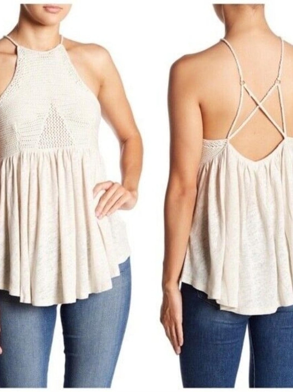 Free People Cream Crochet Halter Camisole with Crisscross Back